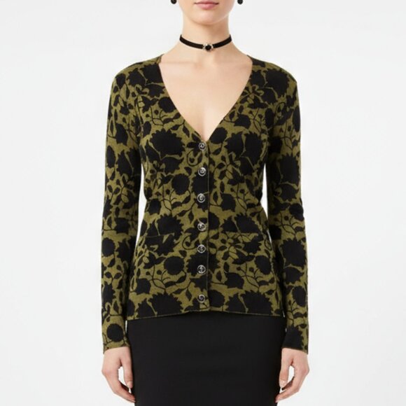Fossil Green Black Dark Floral Print Long Sleeve Fitted Cardigan Sweater NEW XS - Picture 1 of 8